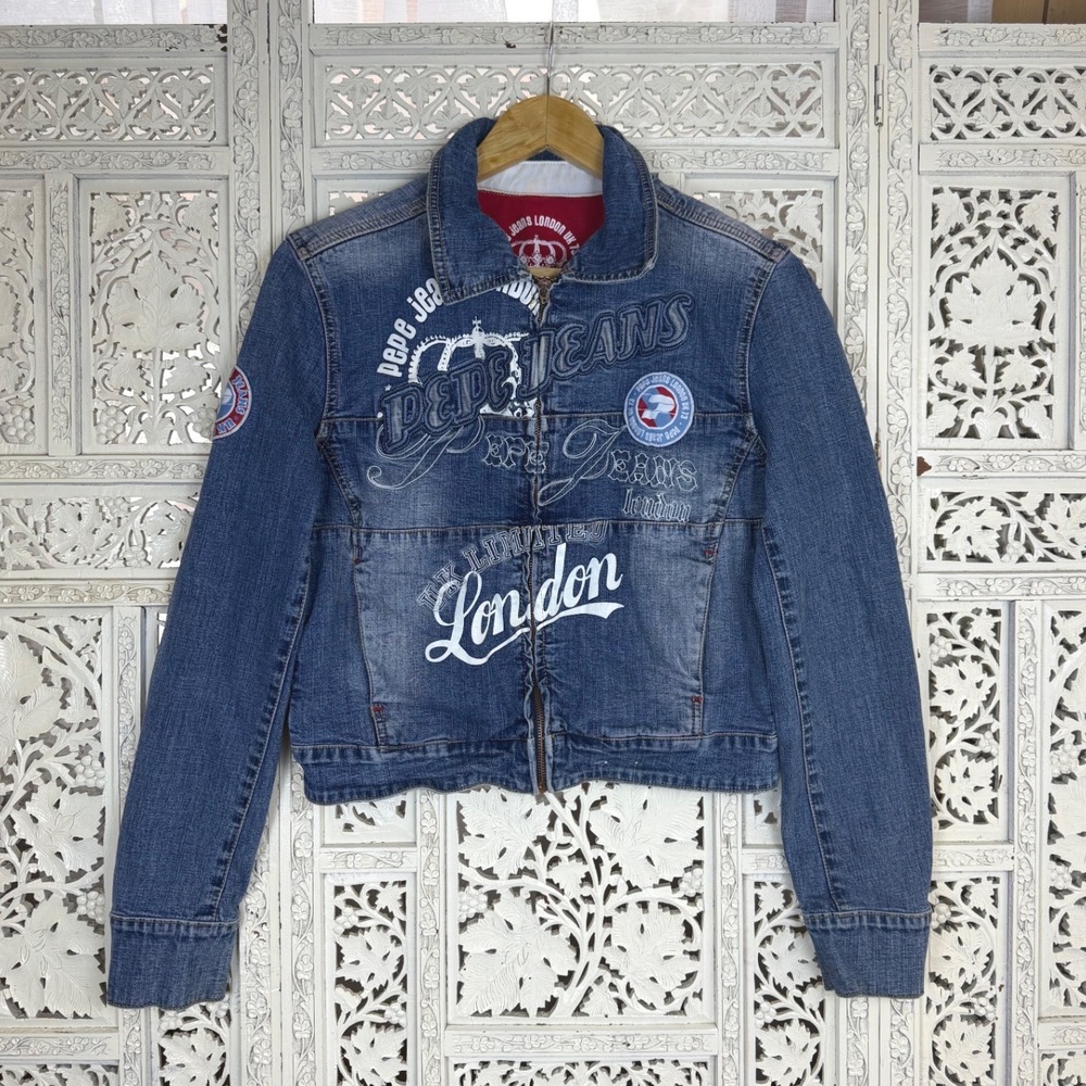 Pepe Jeans London Zip Denim Jacket Sz L Fits S/M Y2K Grunge Graphic‎ Graffiti